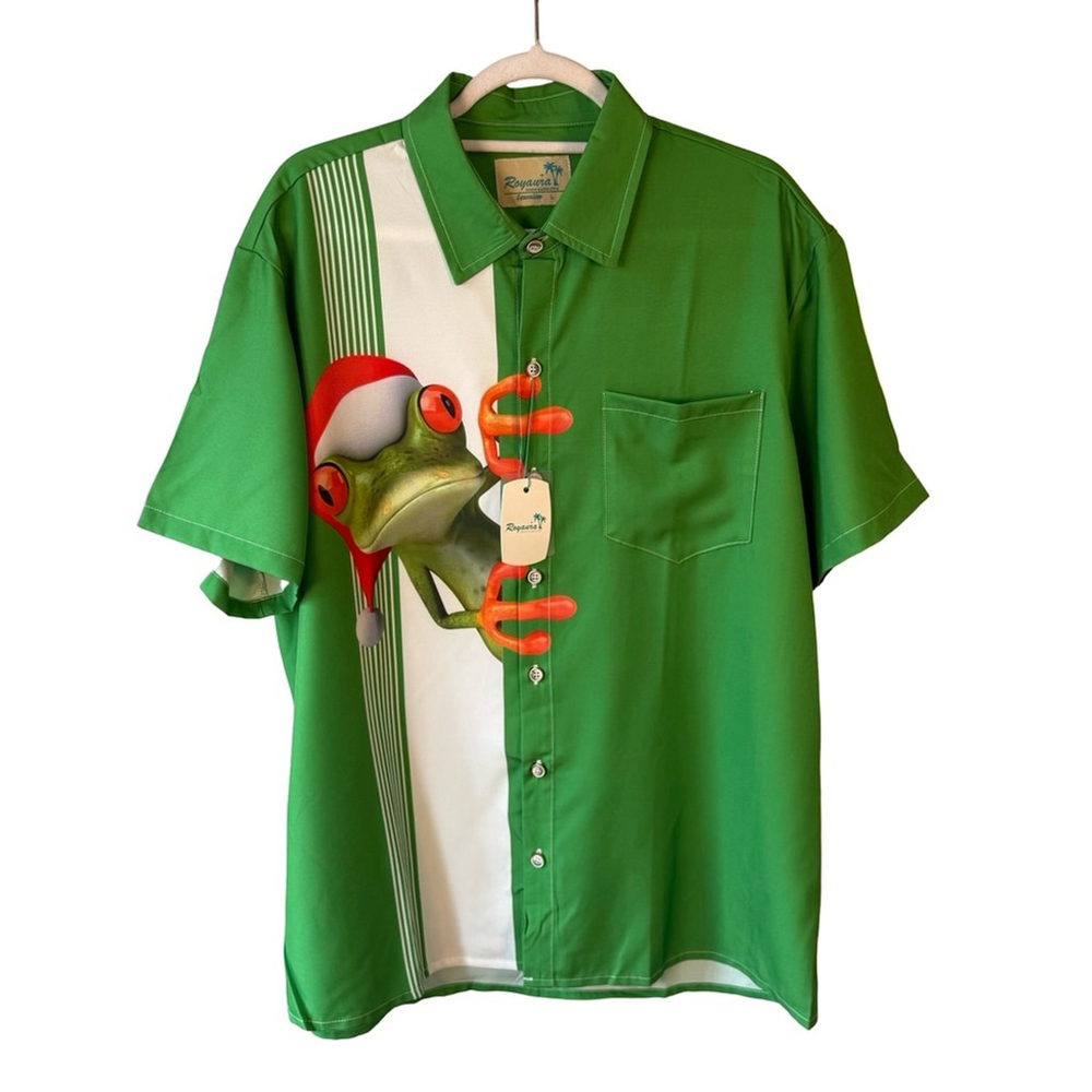 Royaura Hawaiian Tropical Frog Graphic Short-Sleeve Shirt - Green Size L Resort